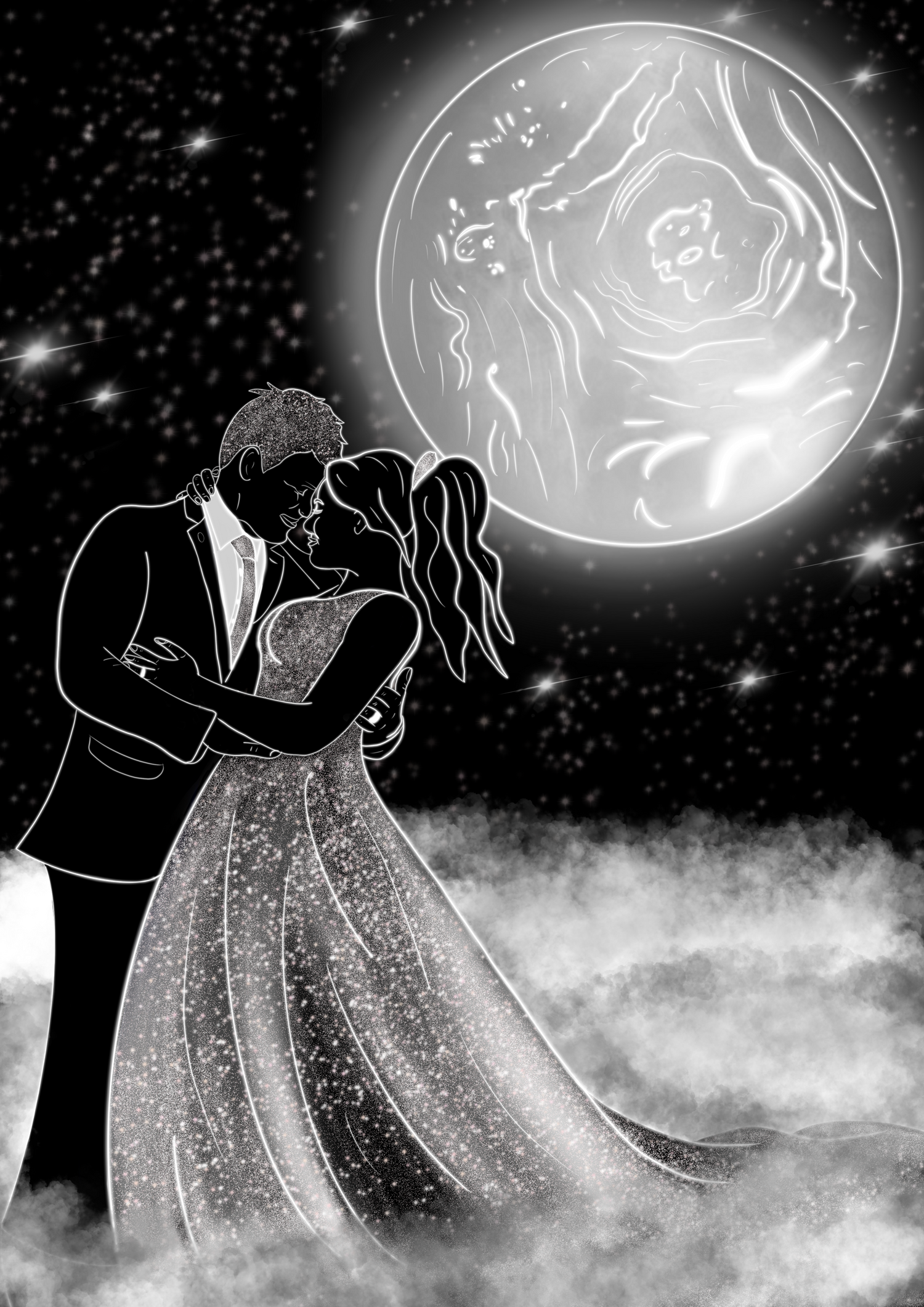 Artwork of a black and white couple dancing - her dress is creating the stars in the cosmo's as a moon is behind them