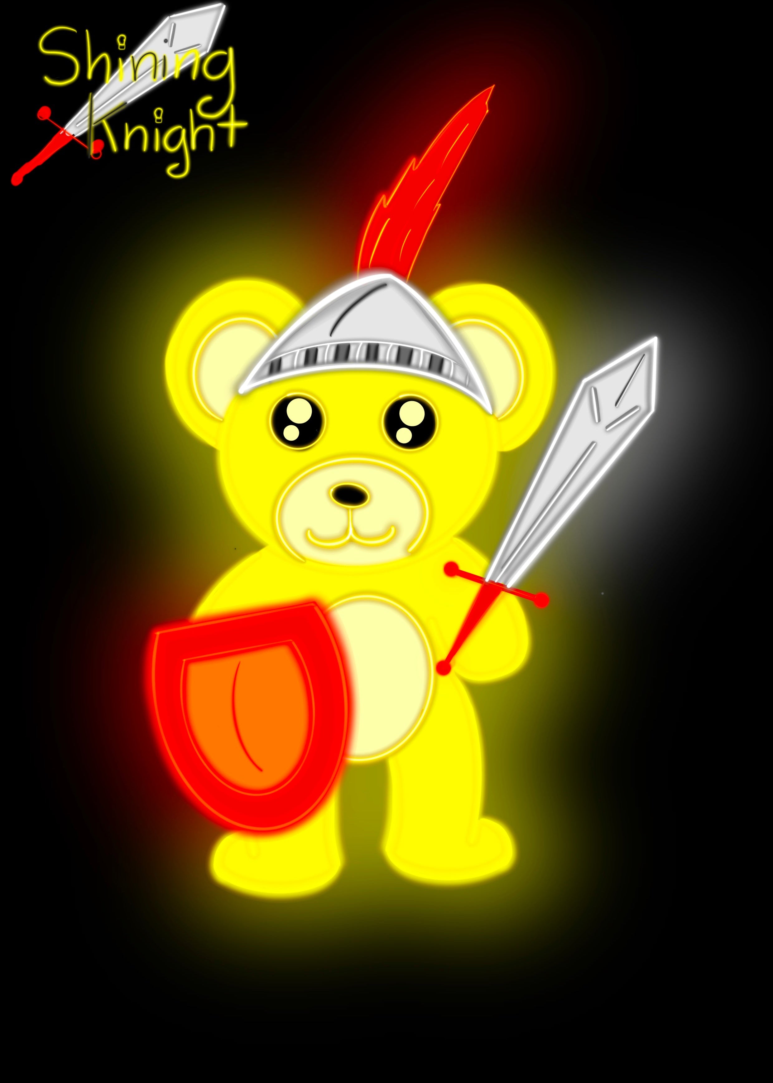 Yellow teddy bear in knight costume with a sword and shield on a black background, branded 'Shining Knight'.