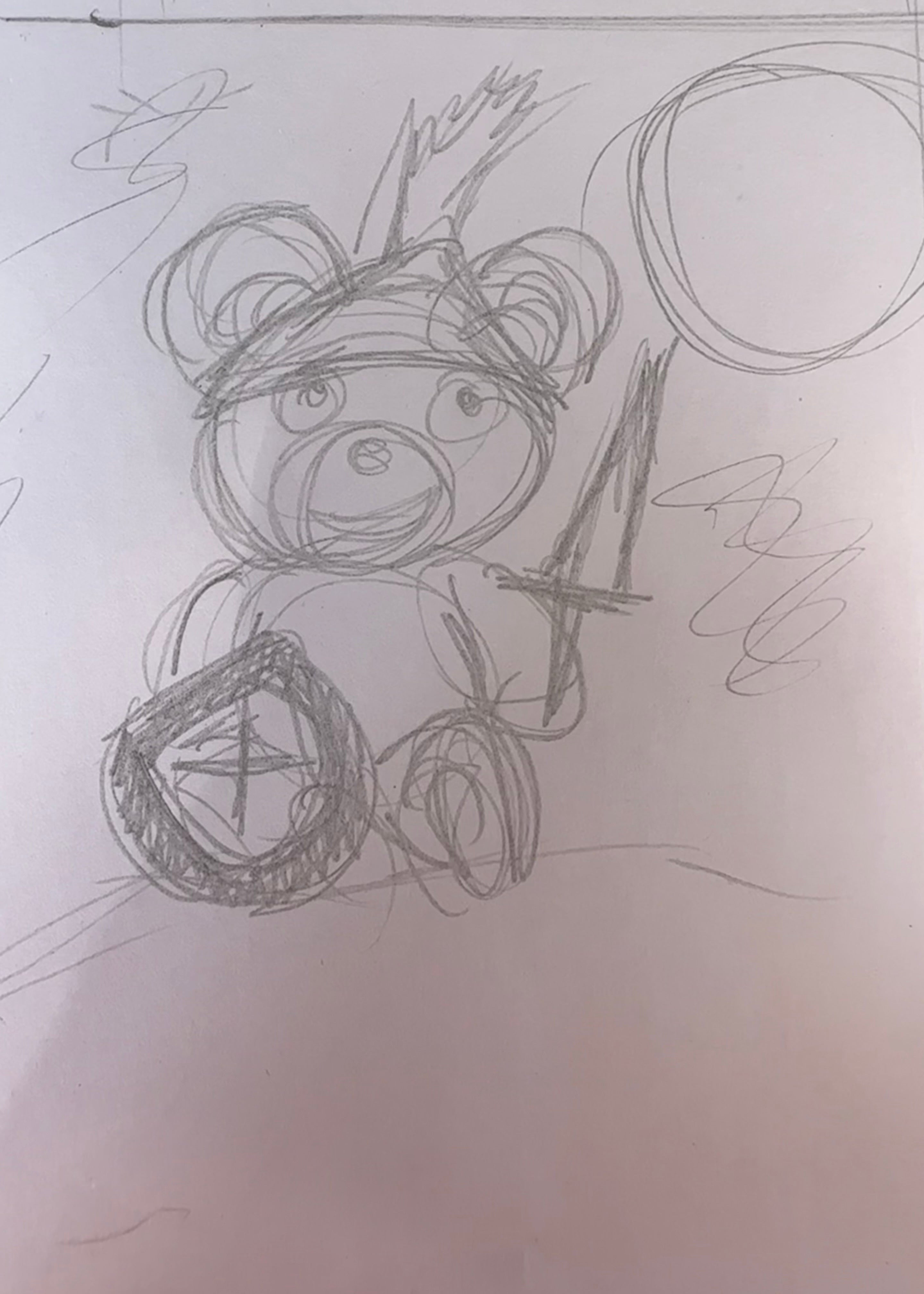 Sketch of a teddy bear with a sword and shield on a white background