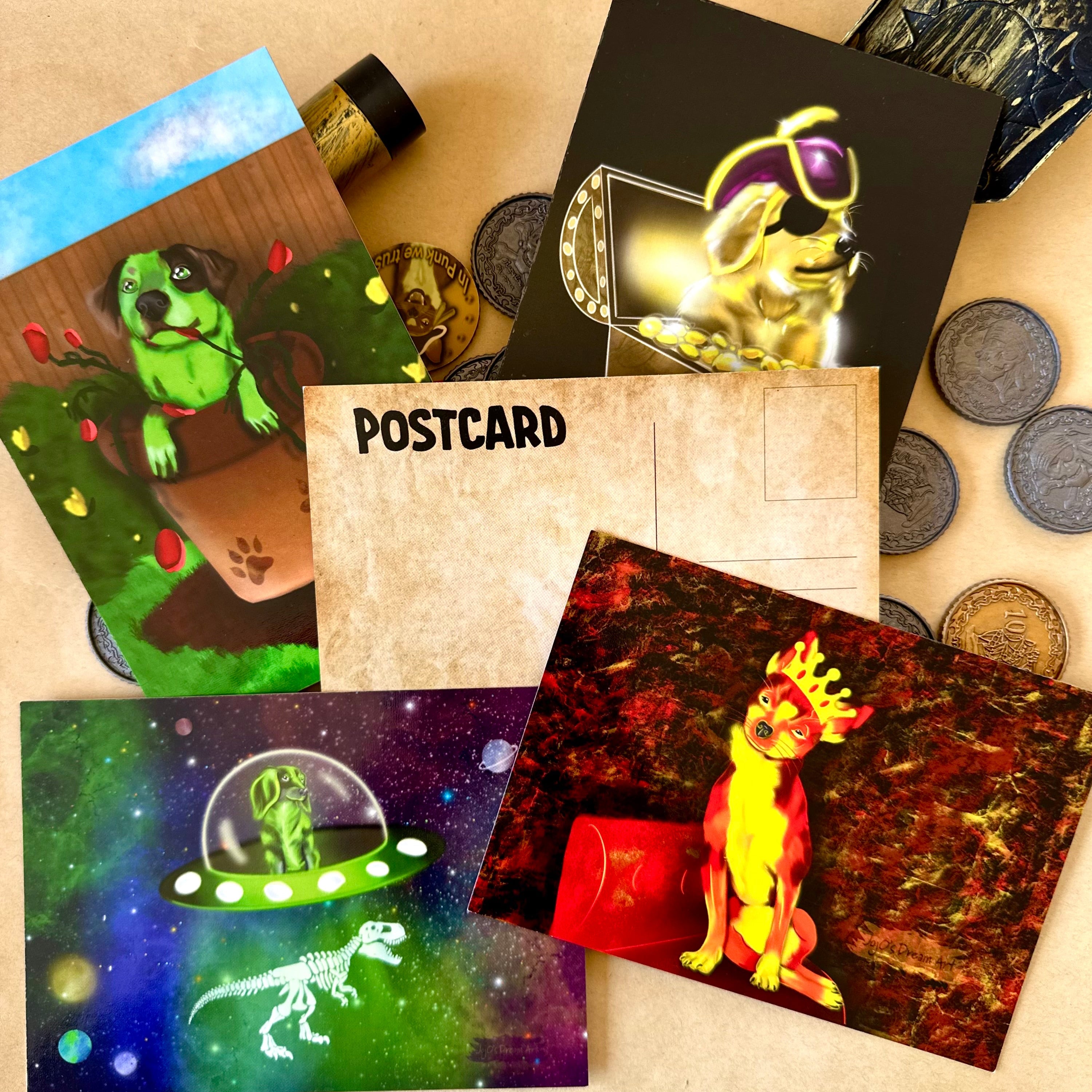 4 Pack post card design featuring Fiery Chihuahua Punk on a throne, the green dachshund stella in space, Cattle Dog Flash in his pot plant, and Golden Retriever in a treasur chest. Postcard design shown in the4 middle. surrounded by treasure