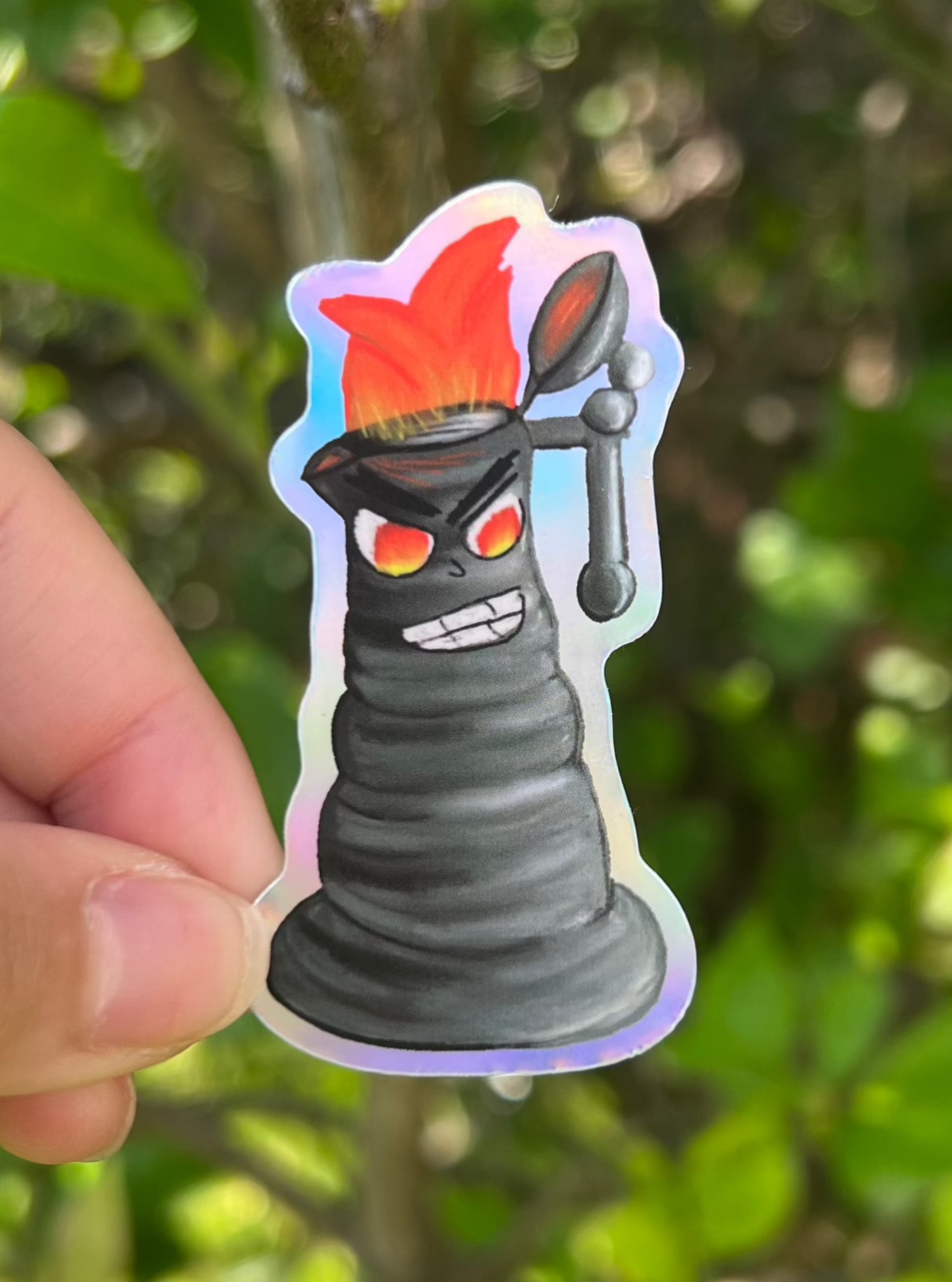 Angry Kettle/Teapot with flames coming out Holographic Sticker Outdoors