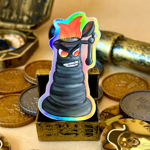 Angry Kettle Holographic Sticker with treasure surrounding it