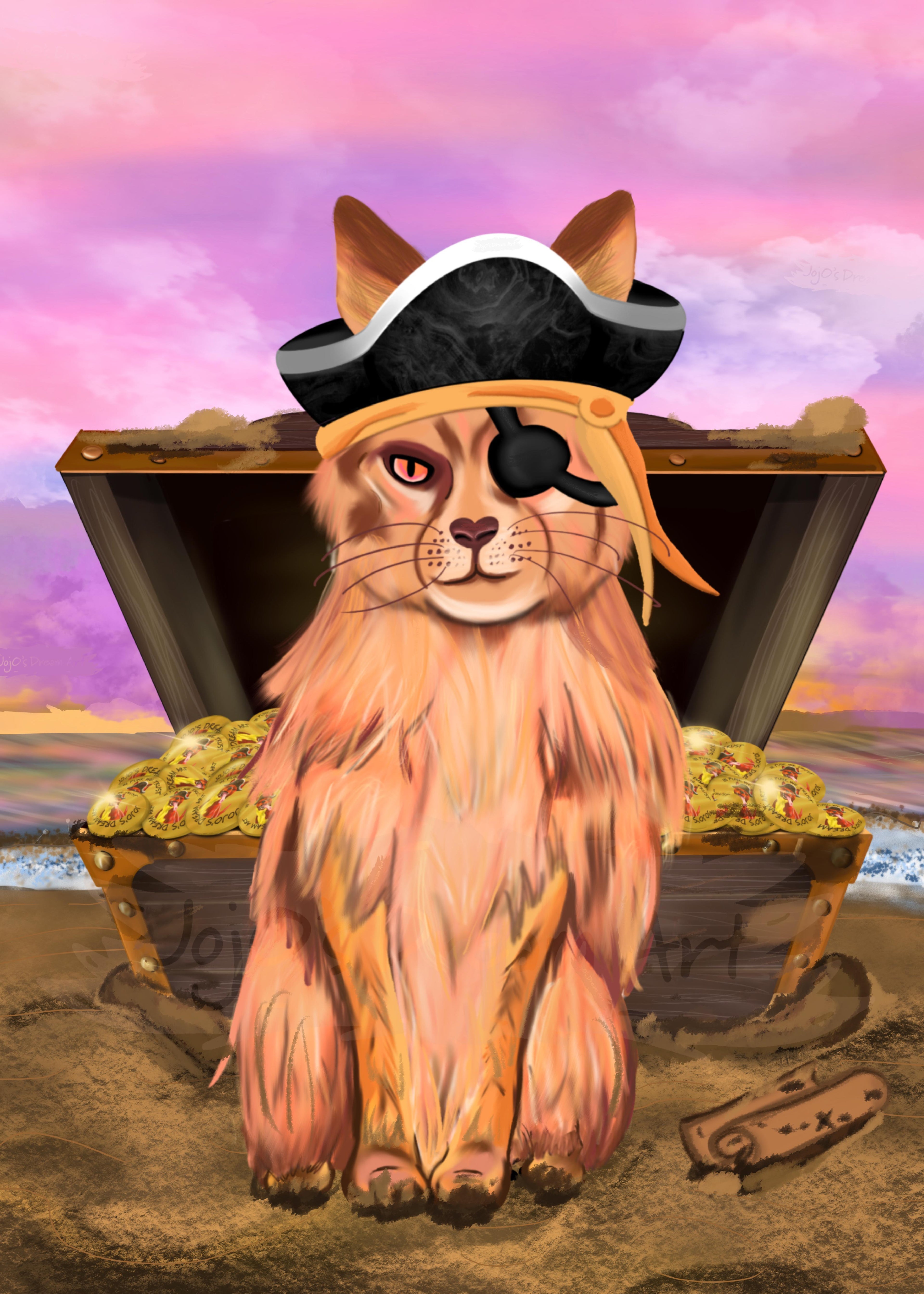 Cat in a pirate hat sitting on a treasure chest with gold coins.