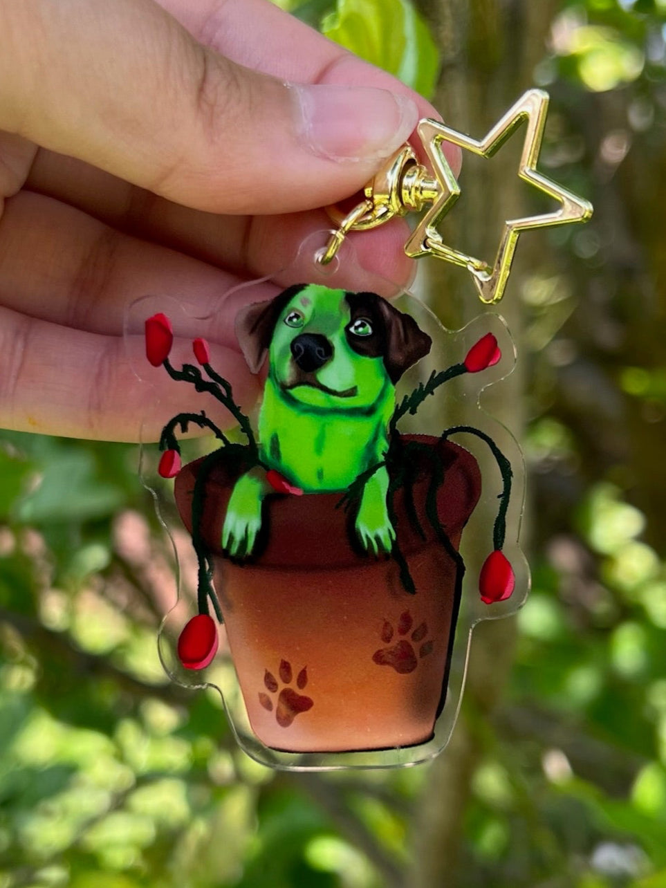 Cattle Dog Pot Plant Flash Acrylic Keychain with a star clasp Outdoor Photo