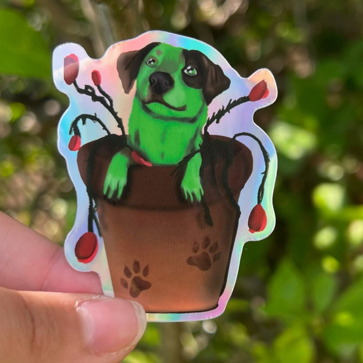 Green Cattle Dog Flash in a Rose Pot Plant Holographic Sticker Outdoors