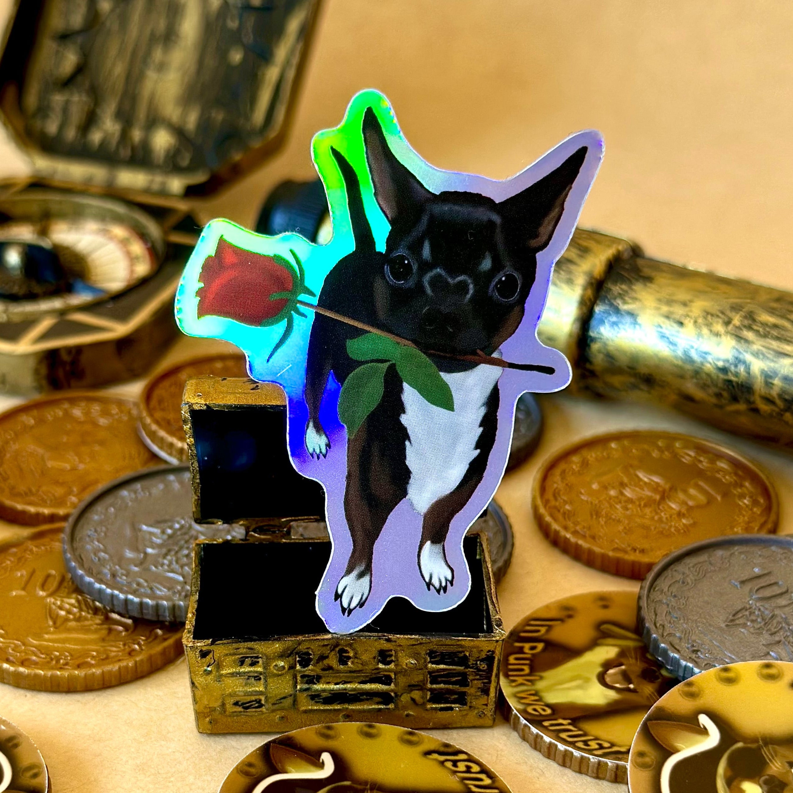 Chihuahua Holding a Rose Holographic Sticker surrounded by treasure