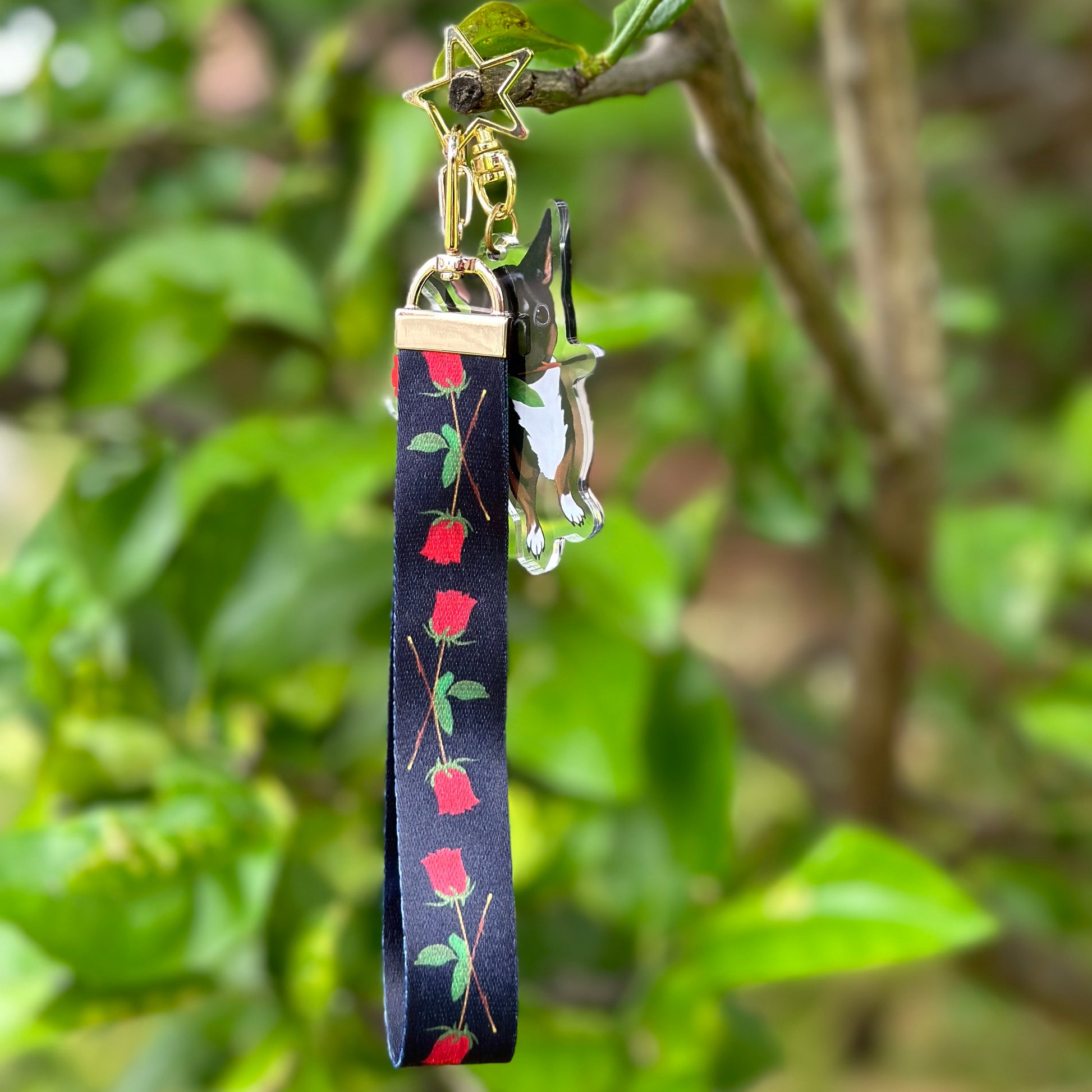 Chihuahua With her Rose Acrylic Keychain with a black Lanyard that has a rose pattern
