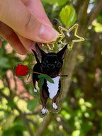 Chihuahua holding a Rose Acrylic Keychain with a star clasp taken outdoors