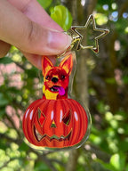 Fiery Halloween Chihuahua in a Pumpkin Acrylic Keychain taken outdoors