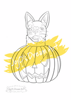 Printable Colouring in Page of A Chihuahua Sitting in a Pumpkin with a Giant Tongue Sticking out