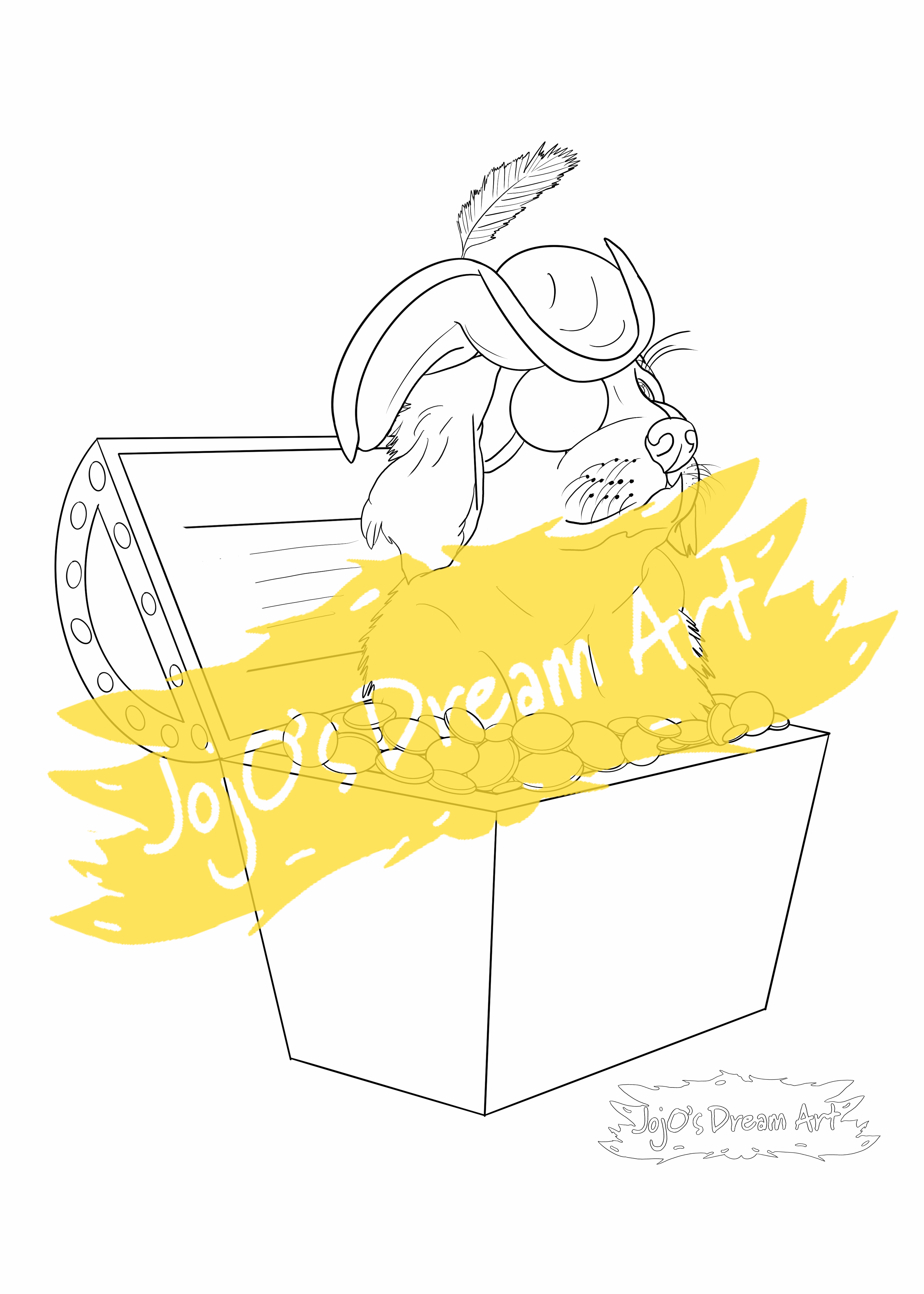 Printable Colouring in Page of A Golden Retriever sitting in a treasure chest.