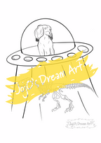 Printable Colouring in Page of a dachshund in a spaceship stealing dinosaur bones. 