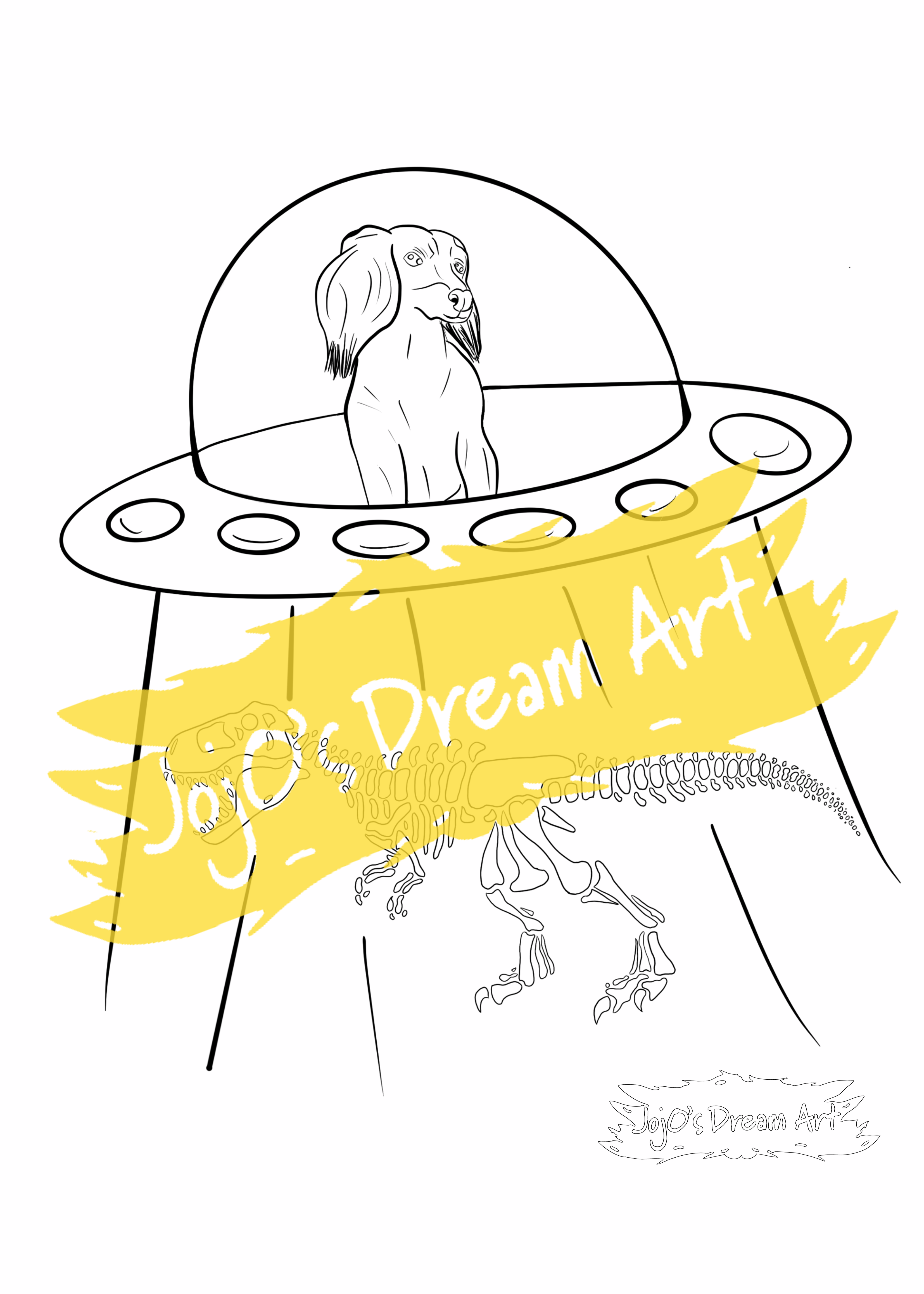 Printable Colouring in Page of a dachshund in a spaceship stealing dinosaur bones. 