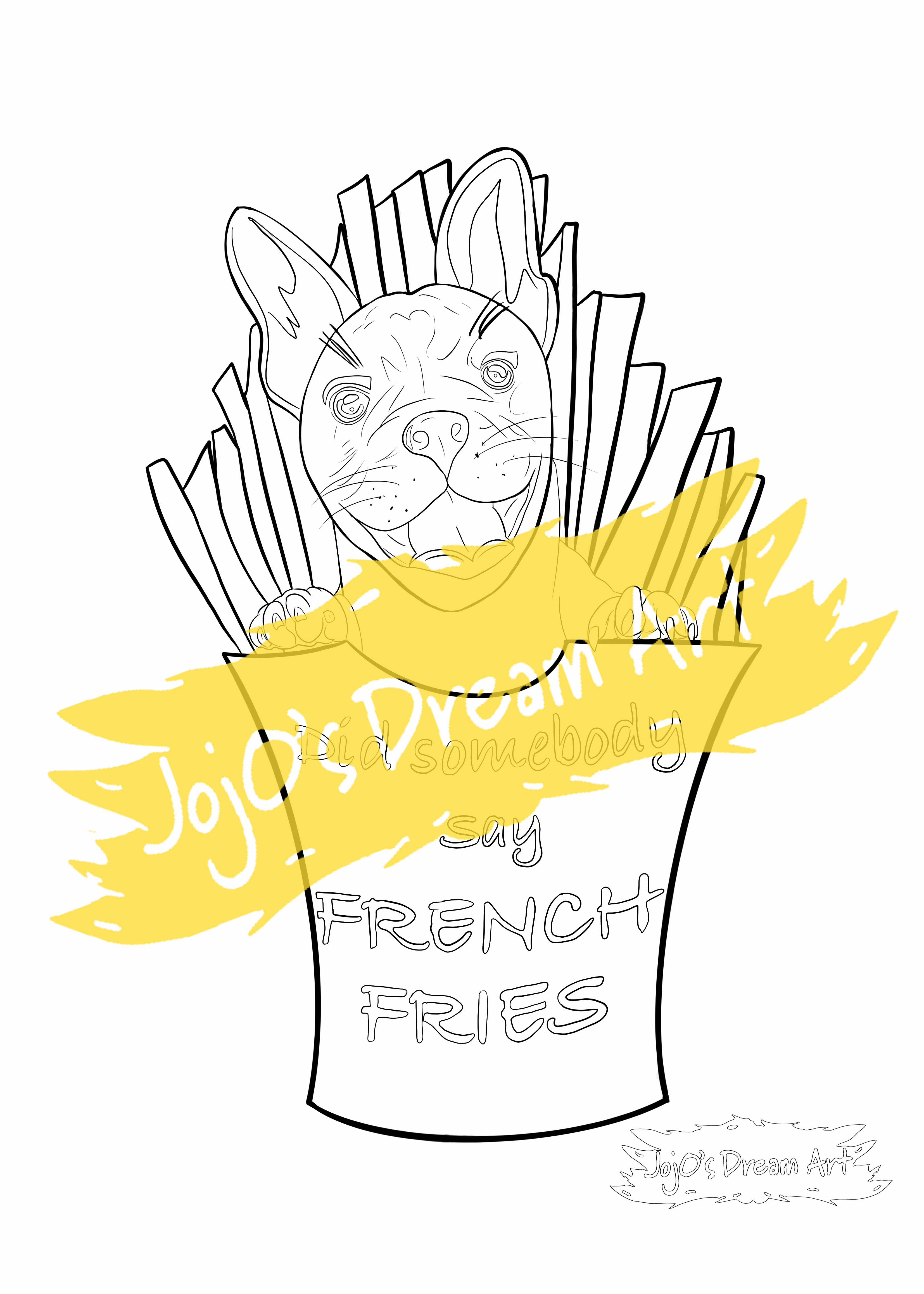 Printable Colouring in Page of A French Bulldog sitting in French Fries 