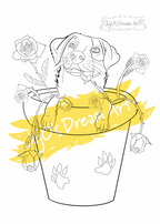 Printable Colouring in Page of A Cattle Dog sitting in a Rose Pot Plant causing mischief 