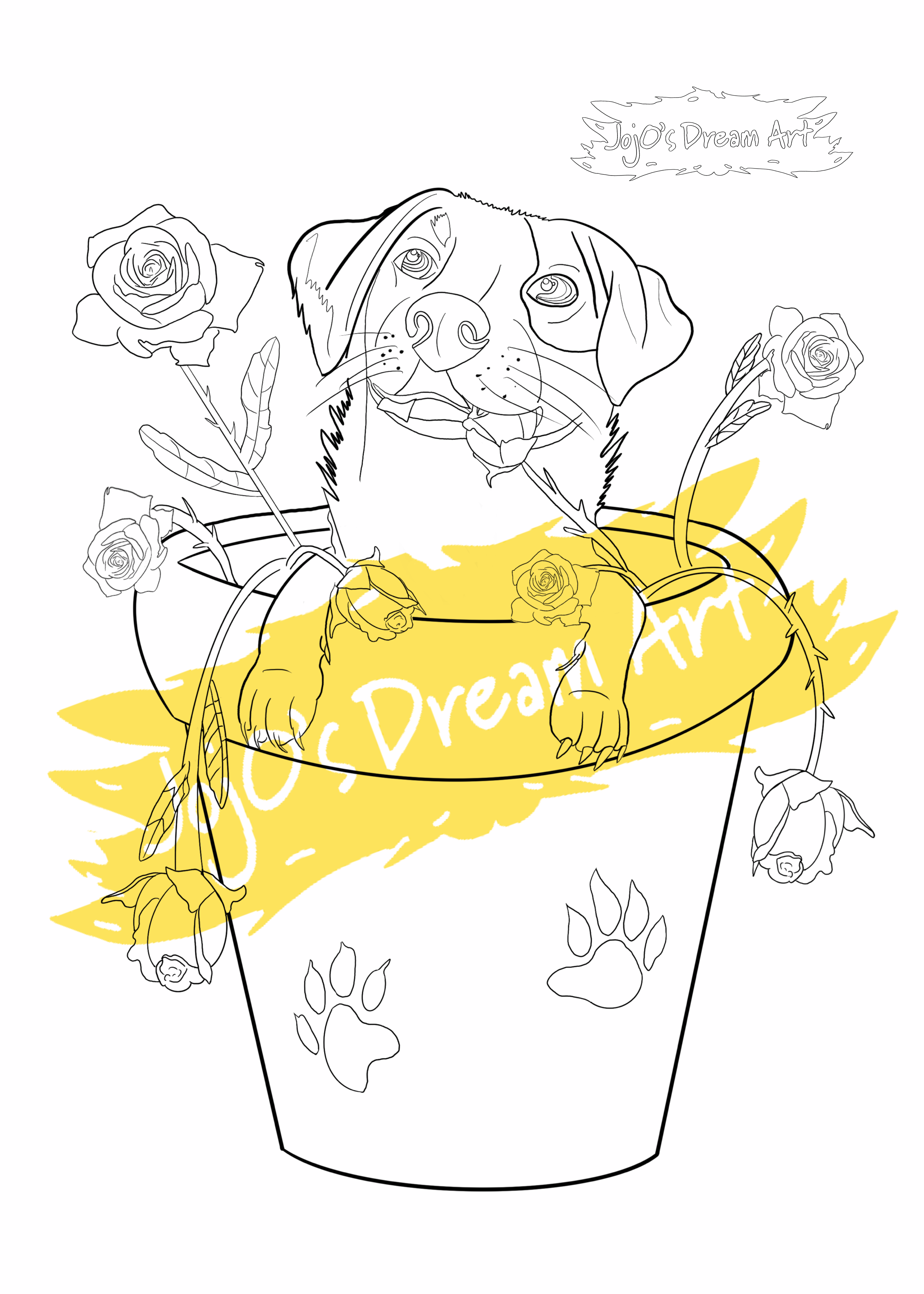 Printable Colouring in Page of A Cattle Dog sitting in a Rose Pot Plant causing mischief 