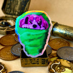 Cotton Candy Sandy Holographic Sticker surrounded by treasure