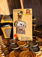 Crazy individual with wild hair sitting in front of a laptop Acrylic Keychain surrounded by treasure