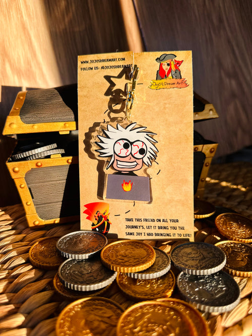 Crazy individual with wild hair sitting in front of a laptop Acrylic Keychain surrounded by treasure