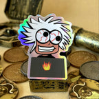 Holographic Sticker of a byrnt out creative in front of a laptop, strained eyes wild hair as treasures surround the sticker 