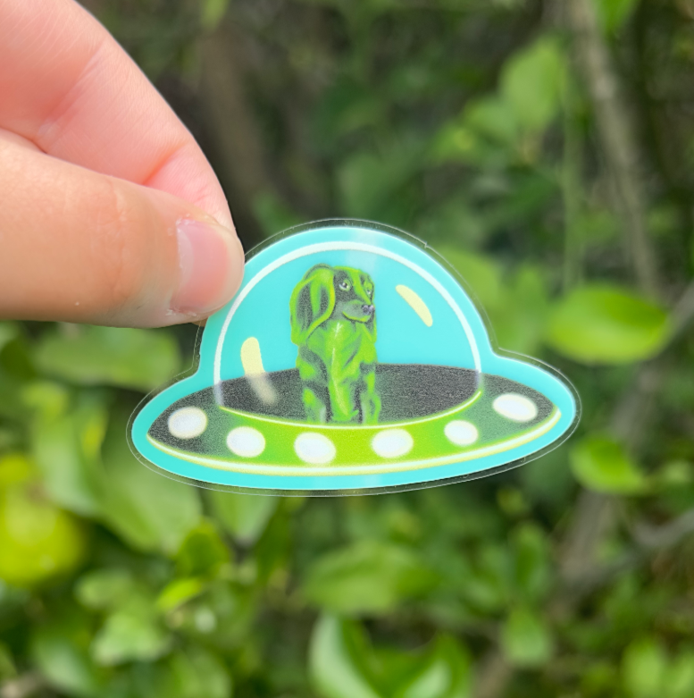 Dachshund Stella the space dog glow in the dark sticker displayed outdoors