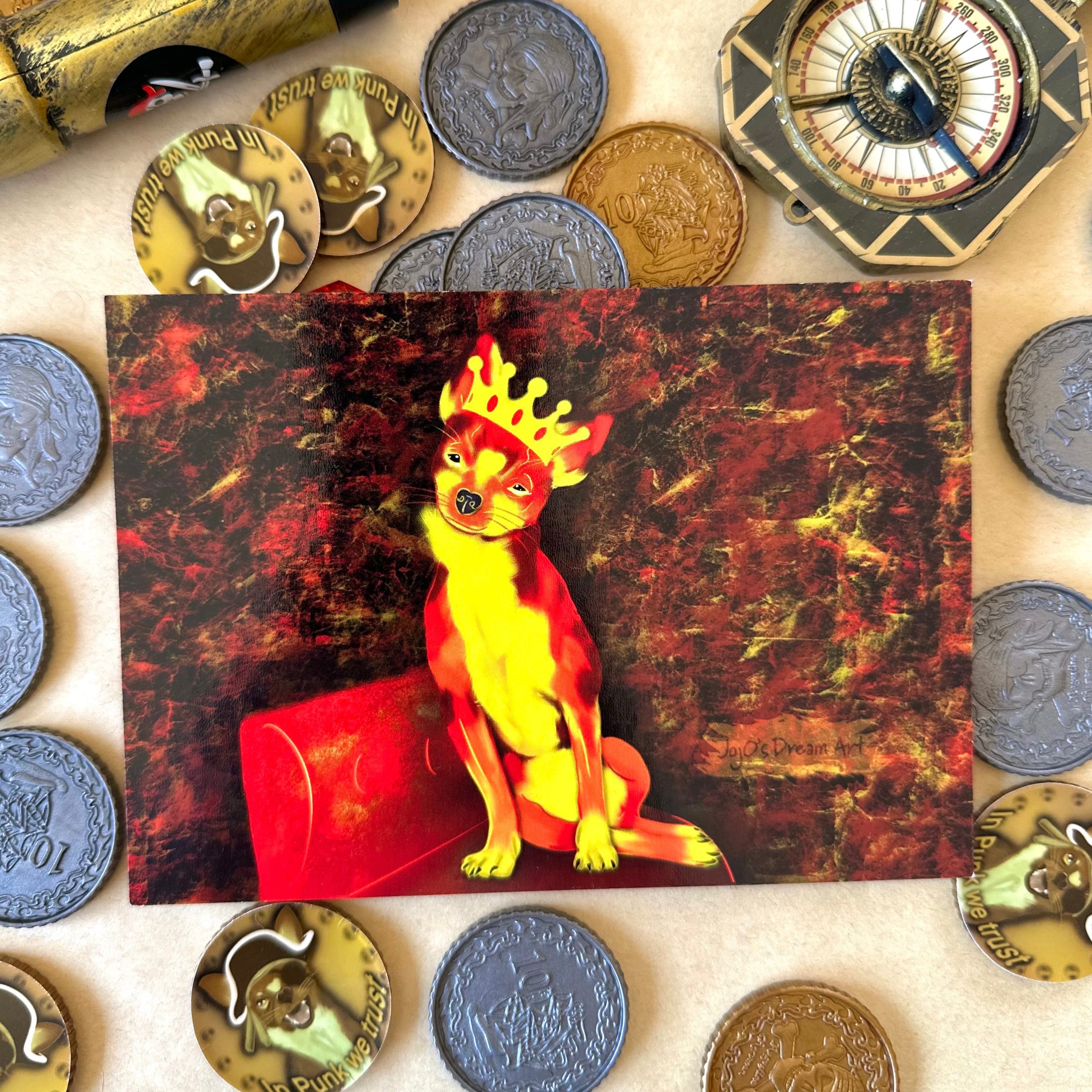 Fiery Queen Chihuahua Punk on a throne post card surrounded by pirate treasure