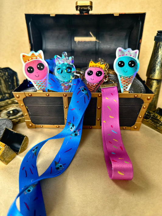Frozen Treasure Treat Bundle - including Ice Cream Queen and Bubblegum Princess Holographic Sticker, ice cream queen wrist lanyard and Ice Cream Princess Neck Lanyard