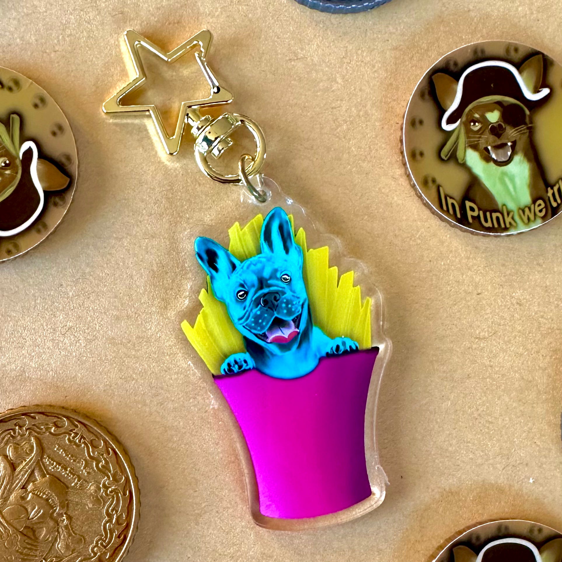 Frankie the French Bulldog Fries Acrylic Keychain or Lanyard!