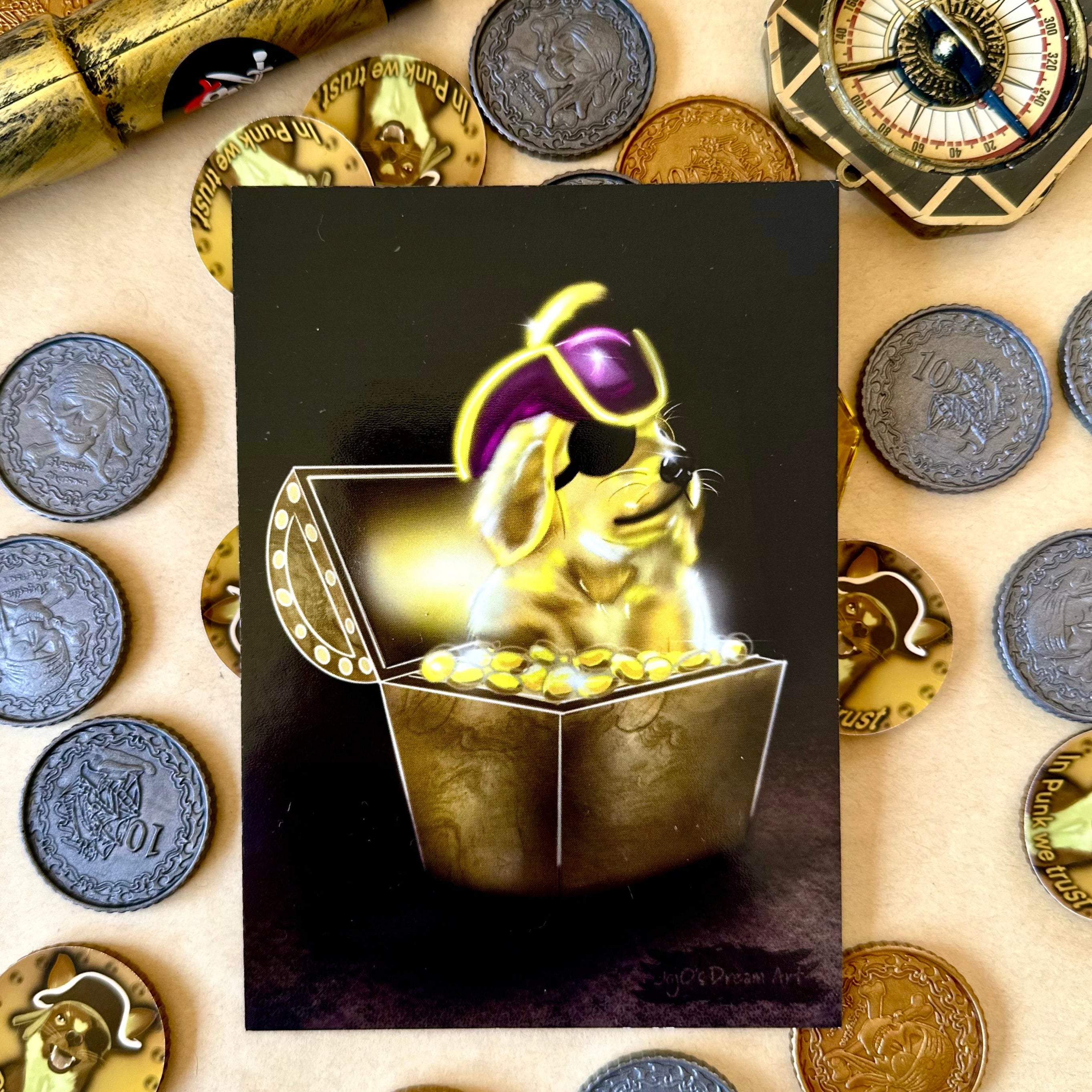 Pirate Golden Retriever in a Treasure Chest Postcard surrounded by Pirate treausre