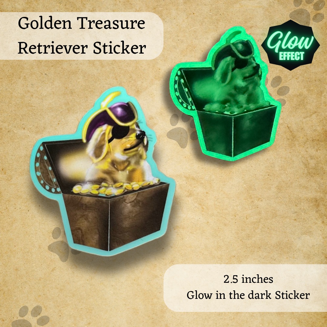 Golden Treasure Dog sitting in a pile of treasure Glow in the Dark Sticker