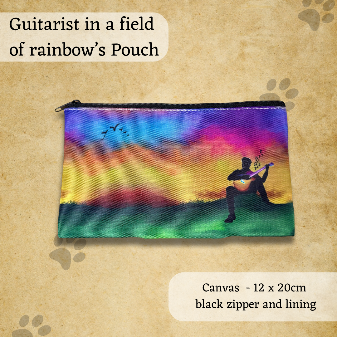 Guitarist playing a rainbow guitar over a rainbow sky pouch