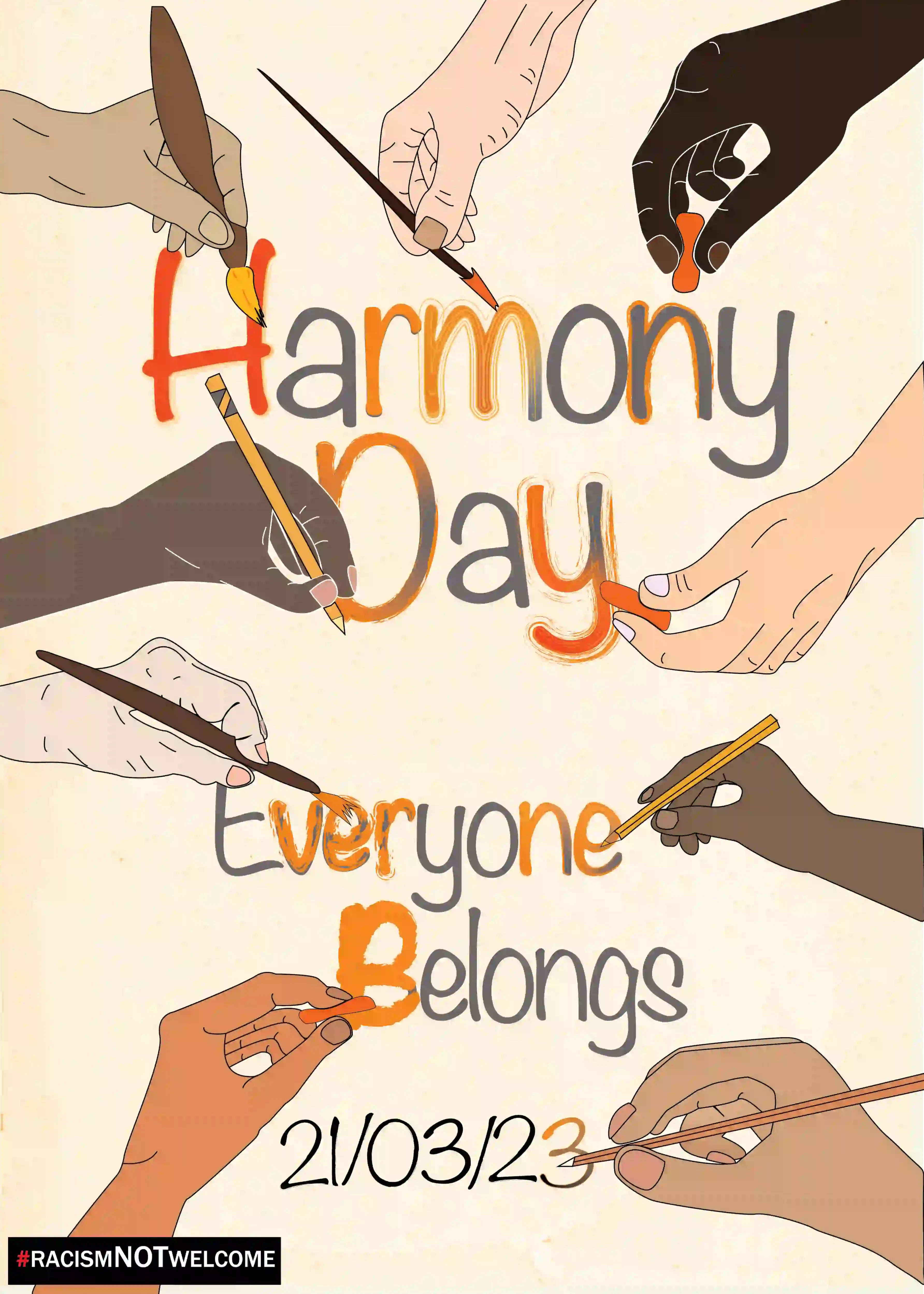 Promotional poster for Harmony Day with hands holding pencils and the text 'Harmony Day Everyone Belongs 2/03/23'.