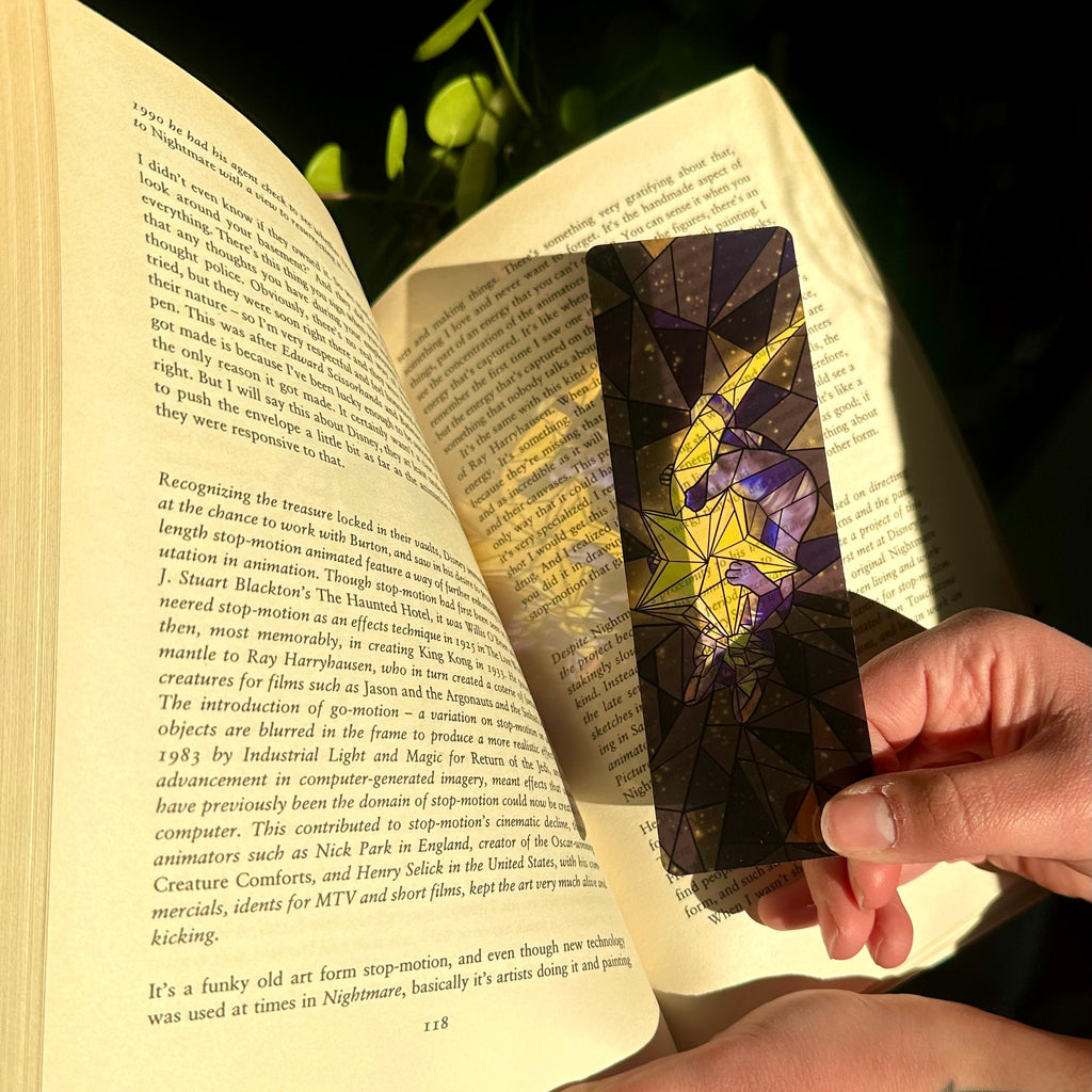 Luna The Cosmic Chaotic Cat  Stained Glass Inspired Transparent Bookmark