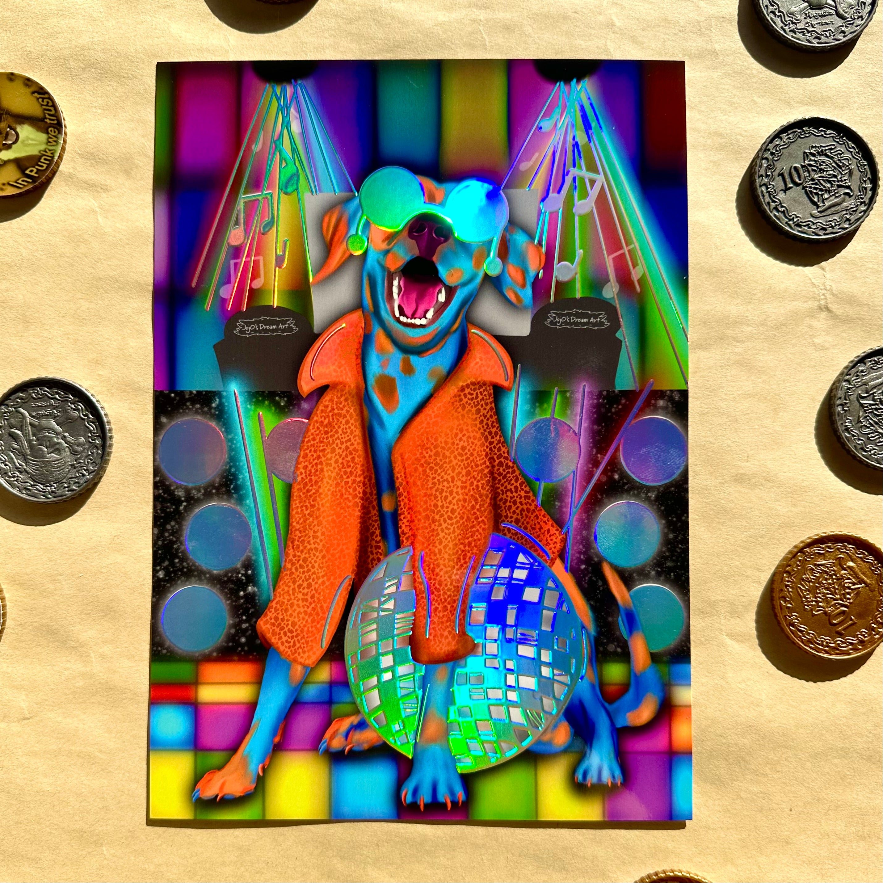 Disco Dash the Dancing Dalmatian A5 Silver Foil Print