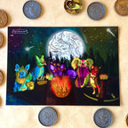 Colorful illustration of fantasy chihuahuas around a glowing orb on a dark background, surrounded by coins.