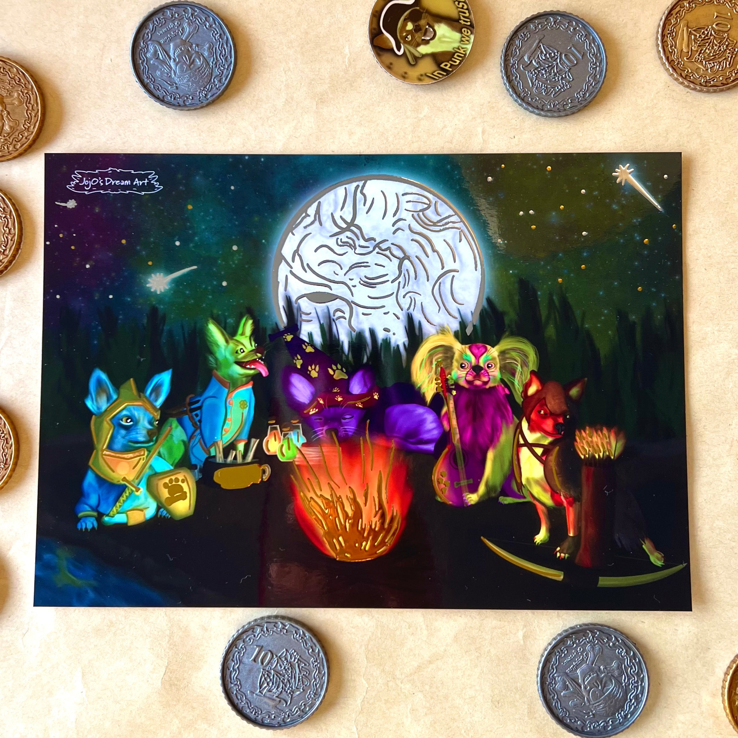 Colorful illustration of fantasy chihuahuas around a glowing orb on a dark background, surrounded by coins.
