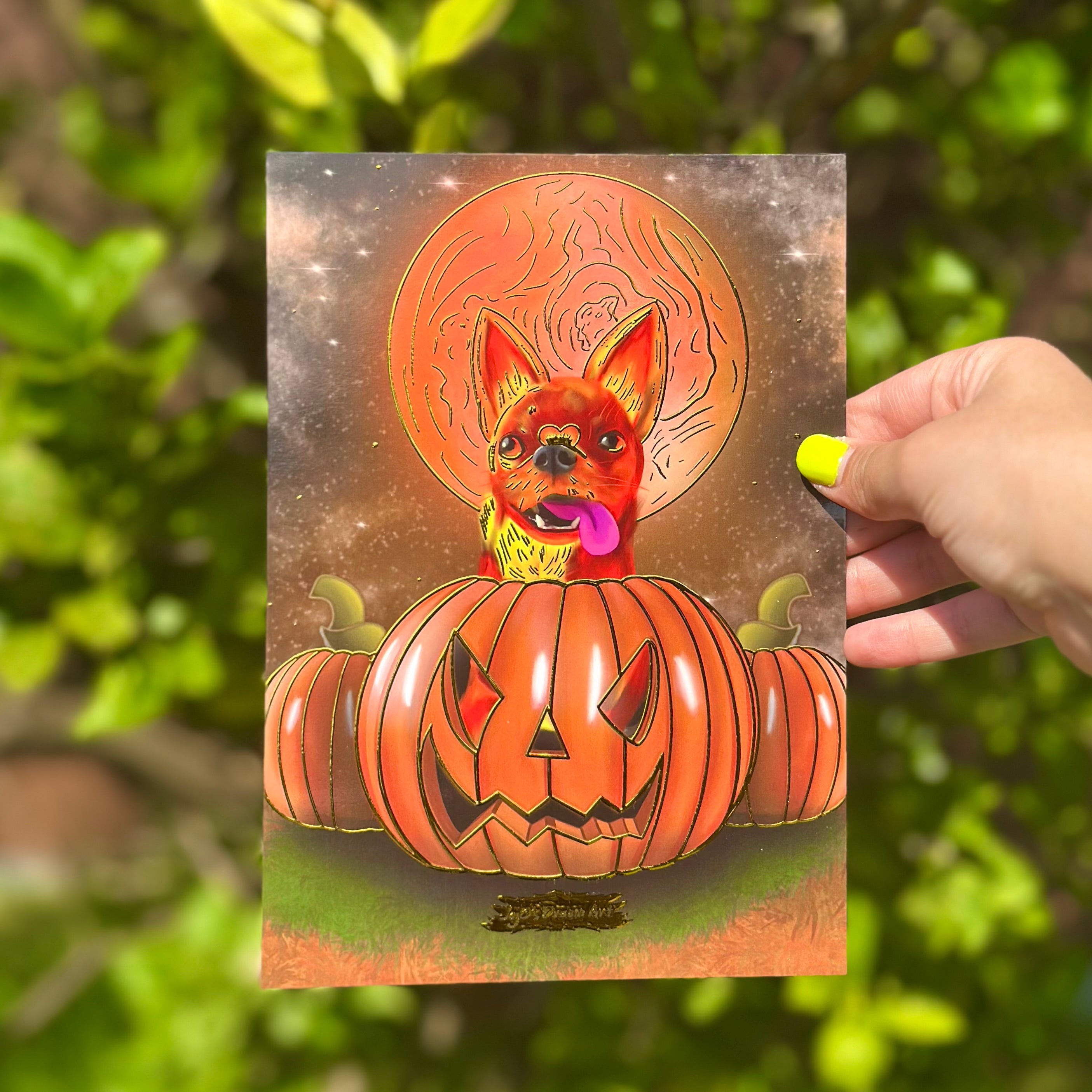 Pumpkin Punk the fiery Chihuahua A5 Foil Art Print