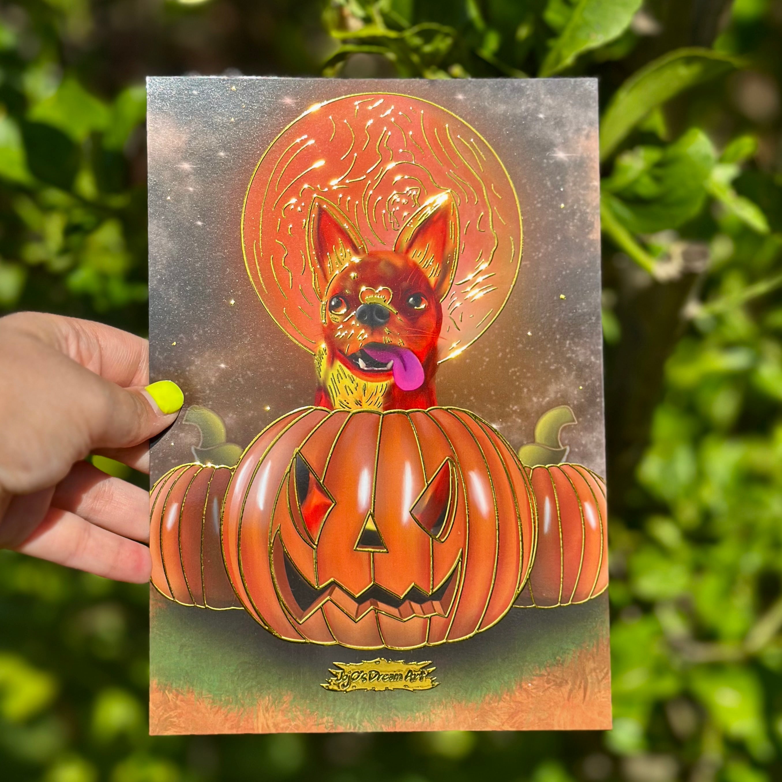 Pumpkin Punk the fiery Chihuahua A5 Foil Art Print