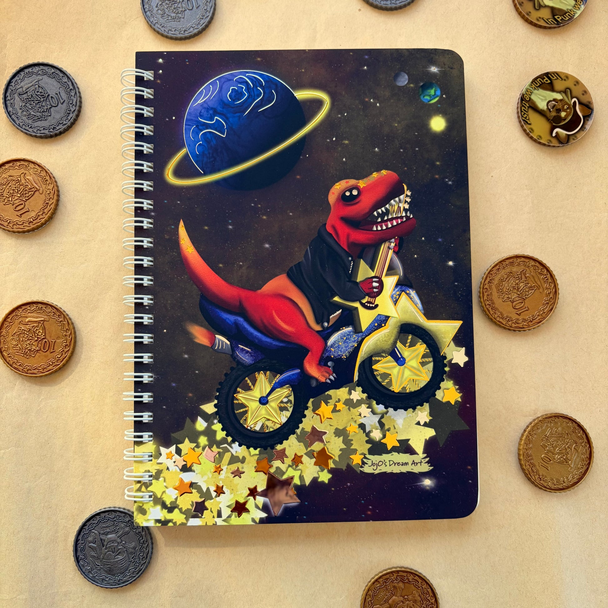 Rex the Space Dinosaur Silver and Gold A5 Spiral Notebook (dinostar)