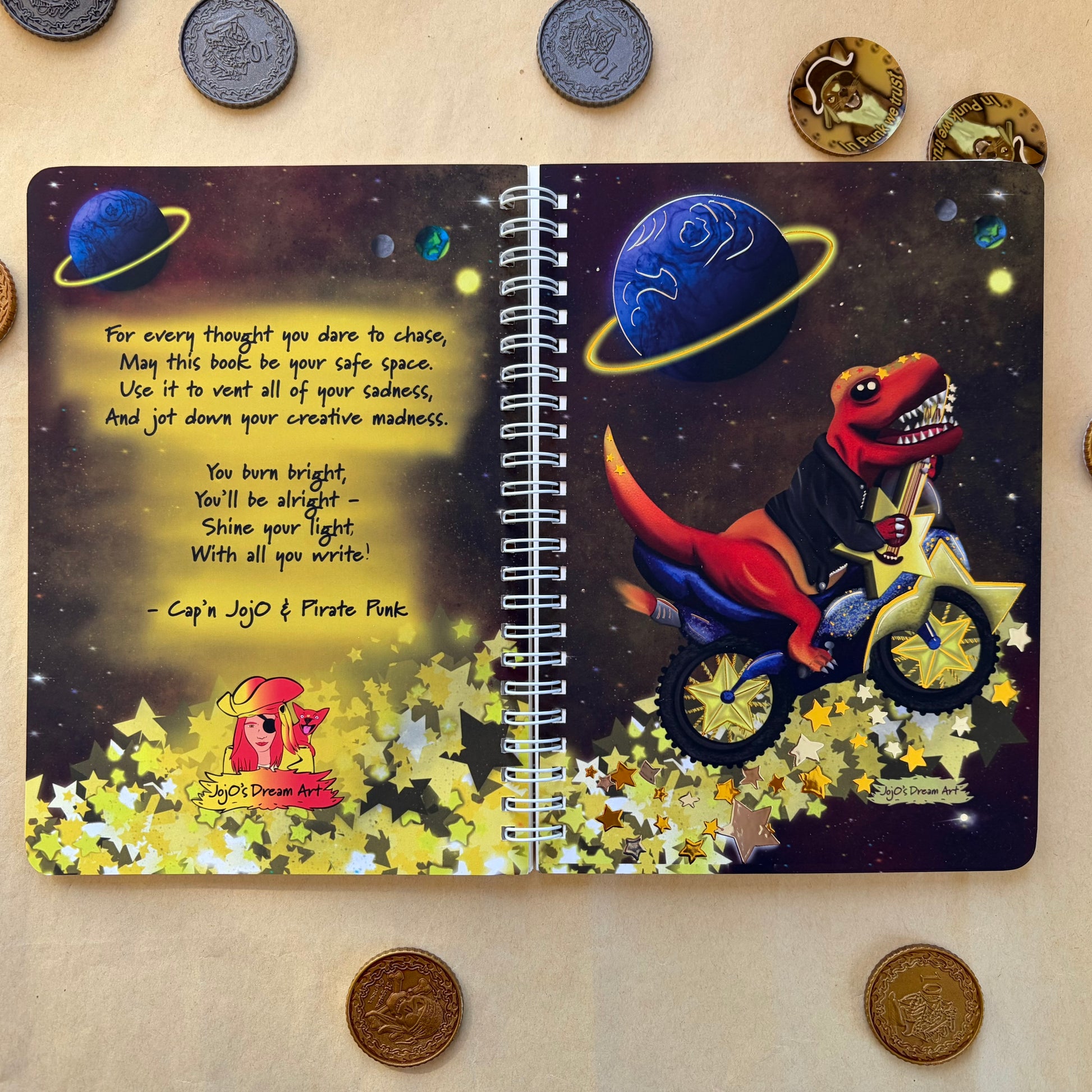 Rex the Space Dinosaur Silver and Gold A5 Spiral Notebook (dinostar)