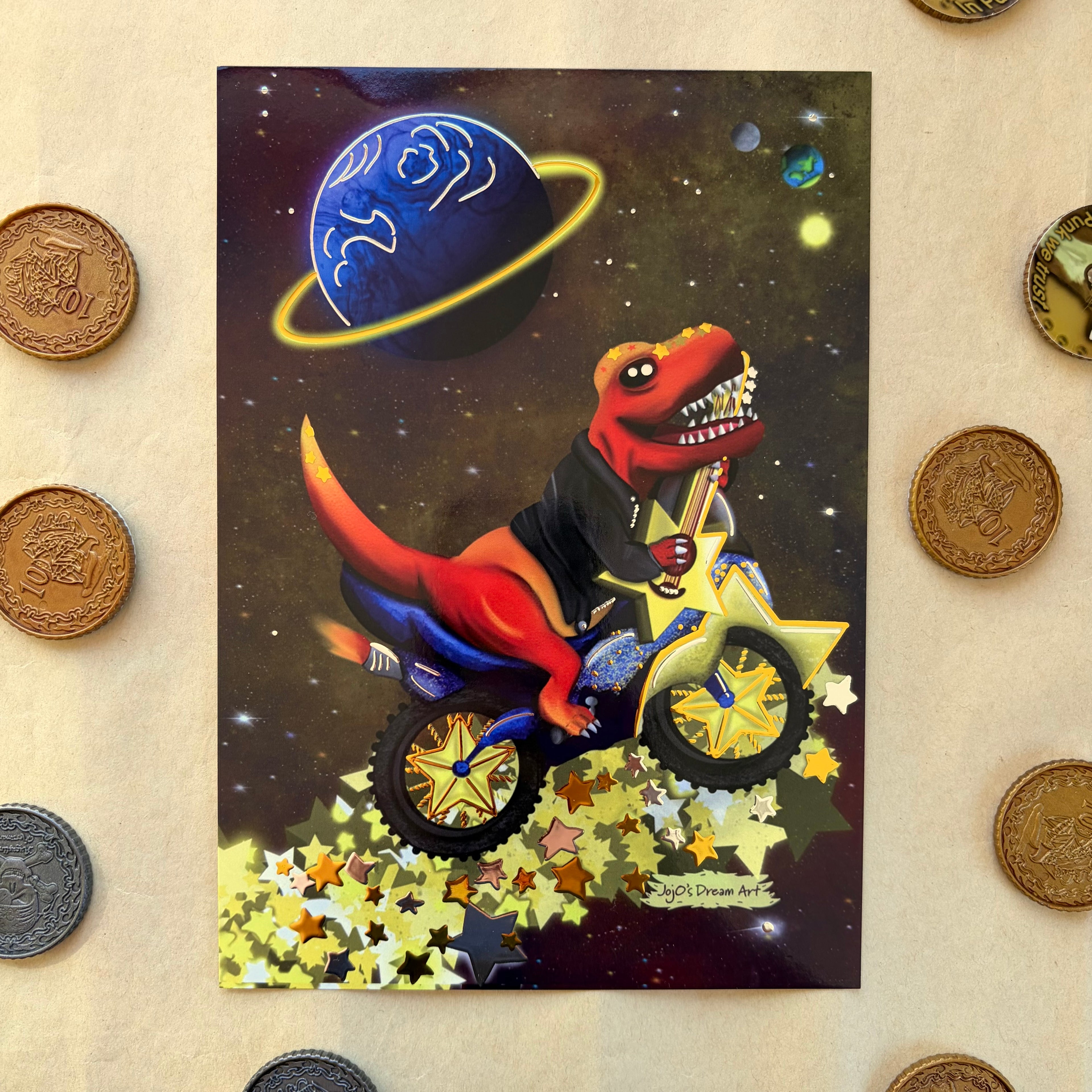 Rex the Space Dinosaur A5 Gold and Silver Foil Art Print (Dinostar)