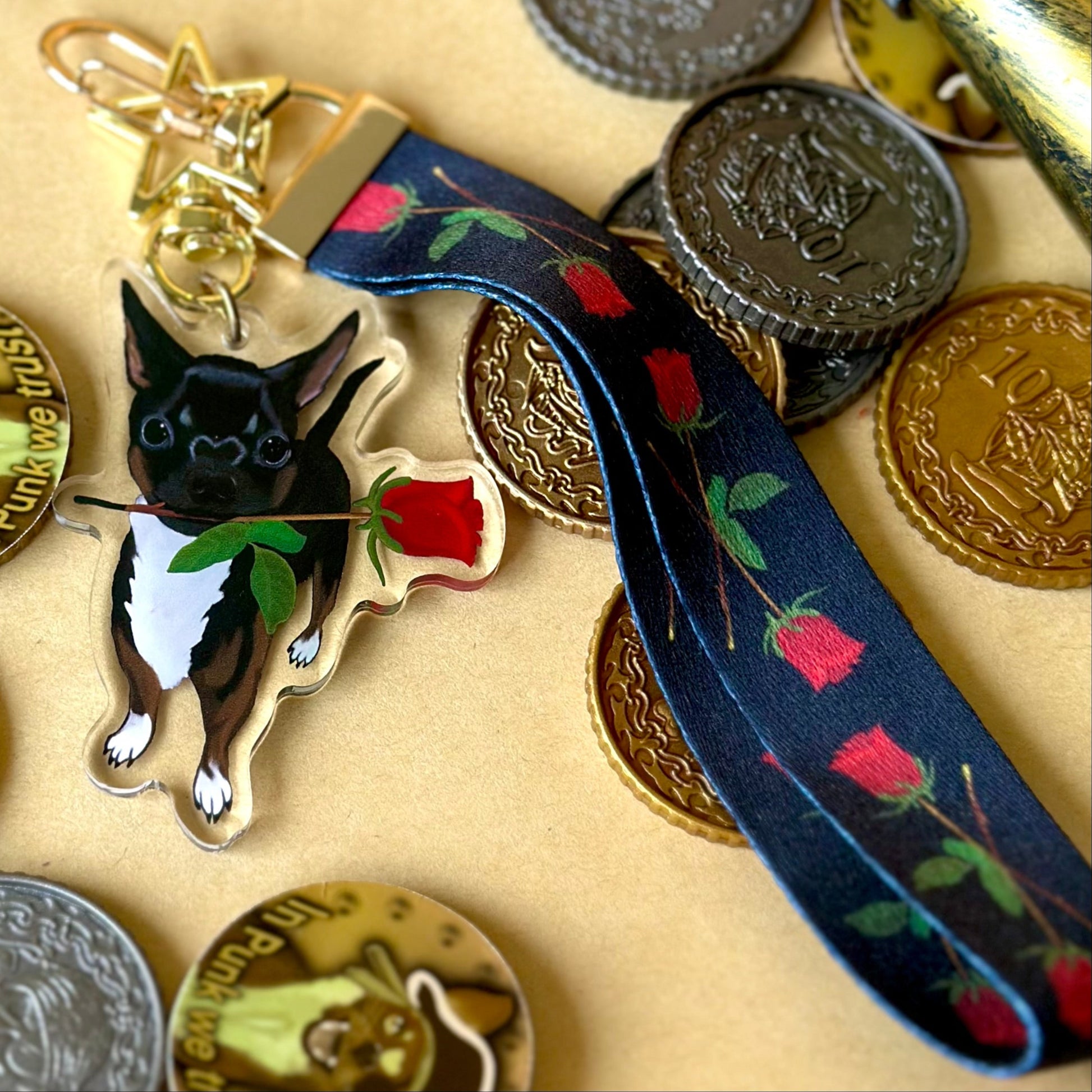 Punk the Chihuahua with her Rose Acrylic Keychain or Lanyard!