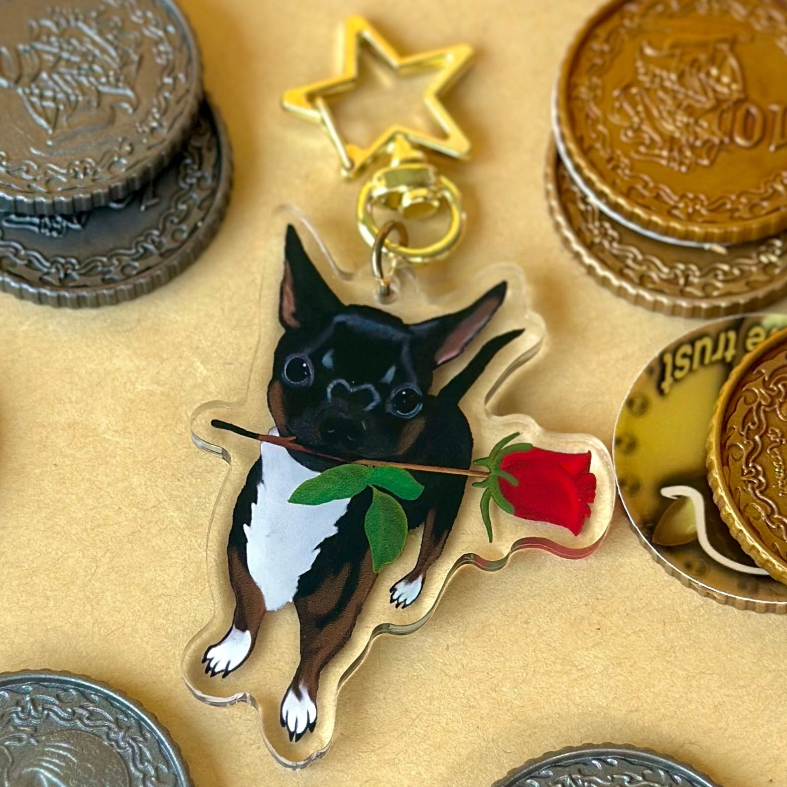 Punk the Chihuahua with her Rose Acrylic Keychain or Lanyard!