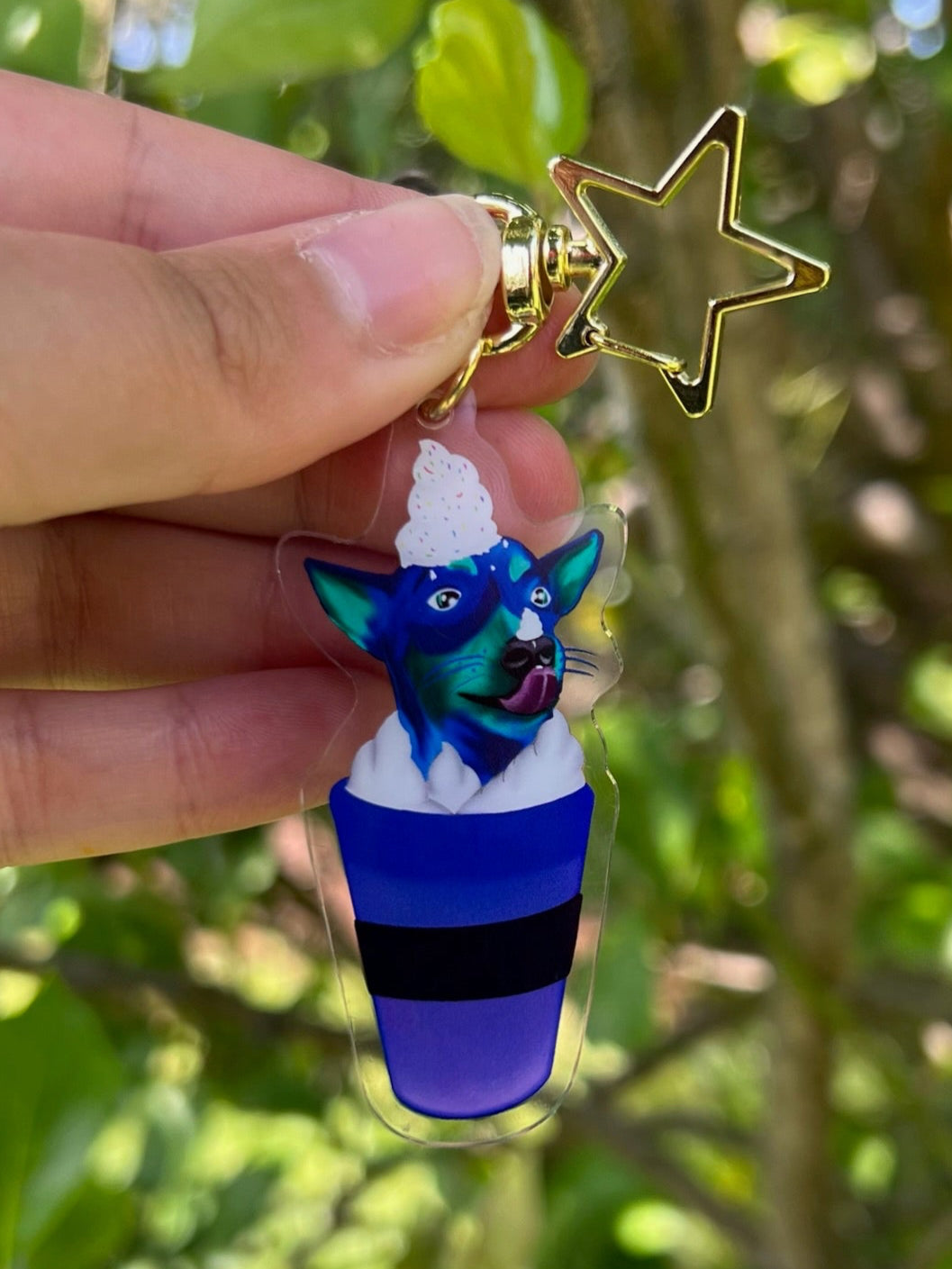 BLue Rok the Jack Russell in a Pup Cup Acrylic Keychain Outdoors