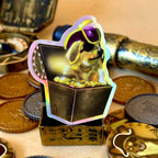 Pirate Golden Retriever Treasure Dog Holographic Sticker surrounded by pirate treasure 