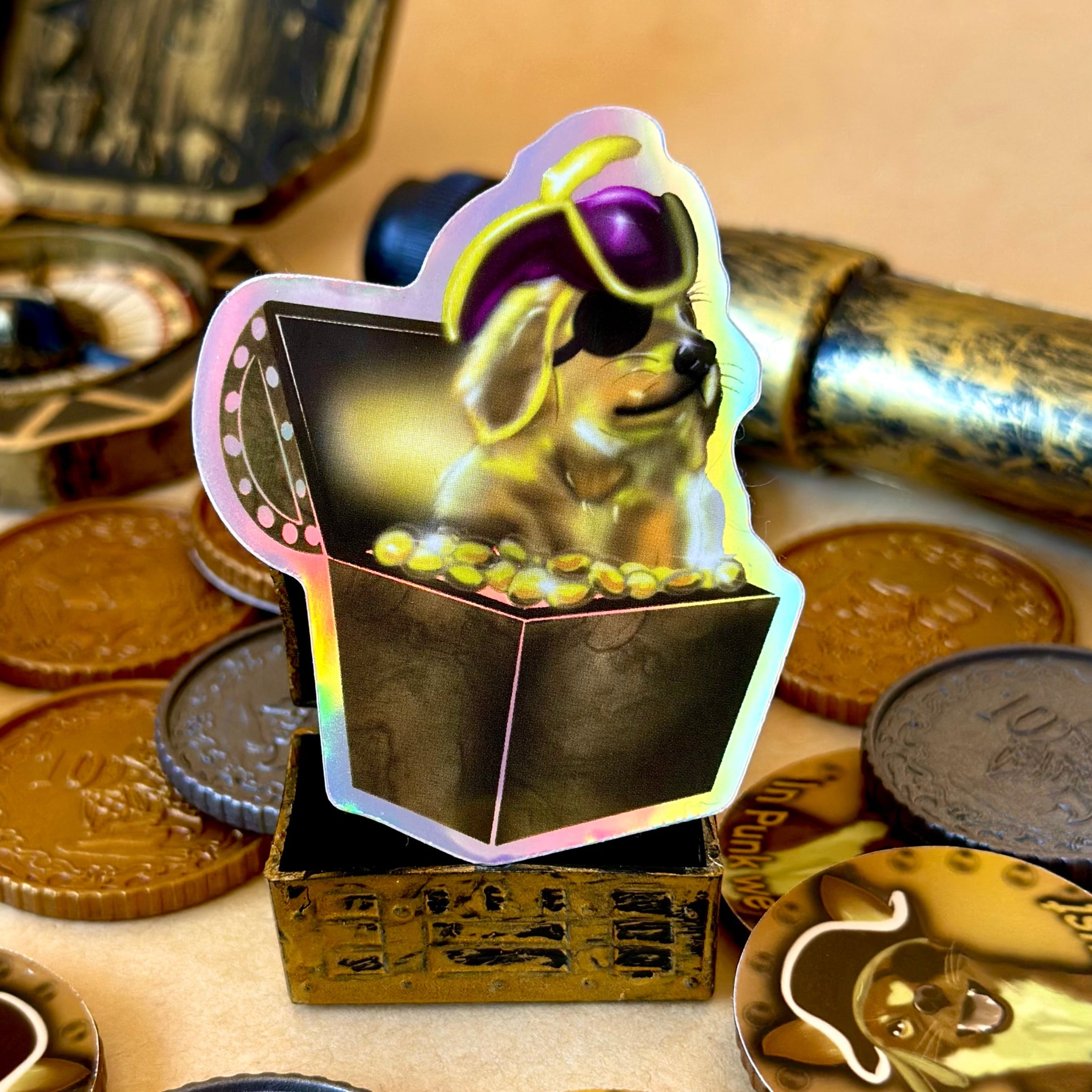 Pirate Golden Retriever Treasure Dog Holographic Sticker surrounded by pirate treasure 