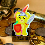 Shining Knight Yellow Bear Holographic Sticker surrounded by pirate treasure