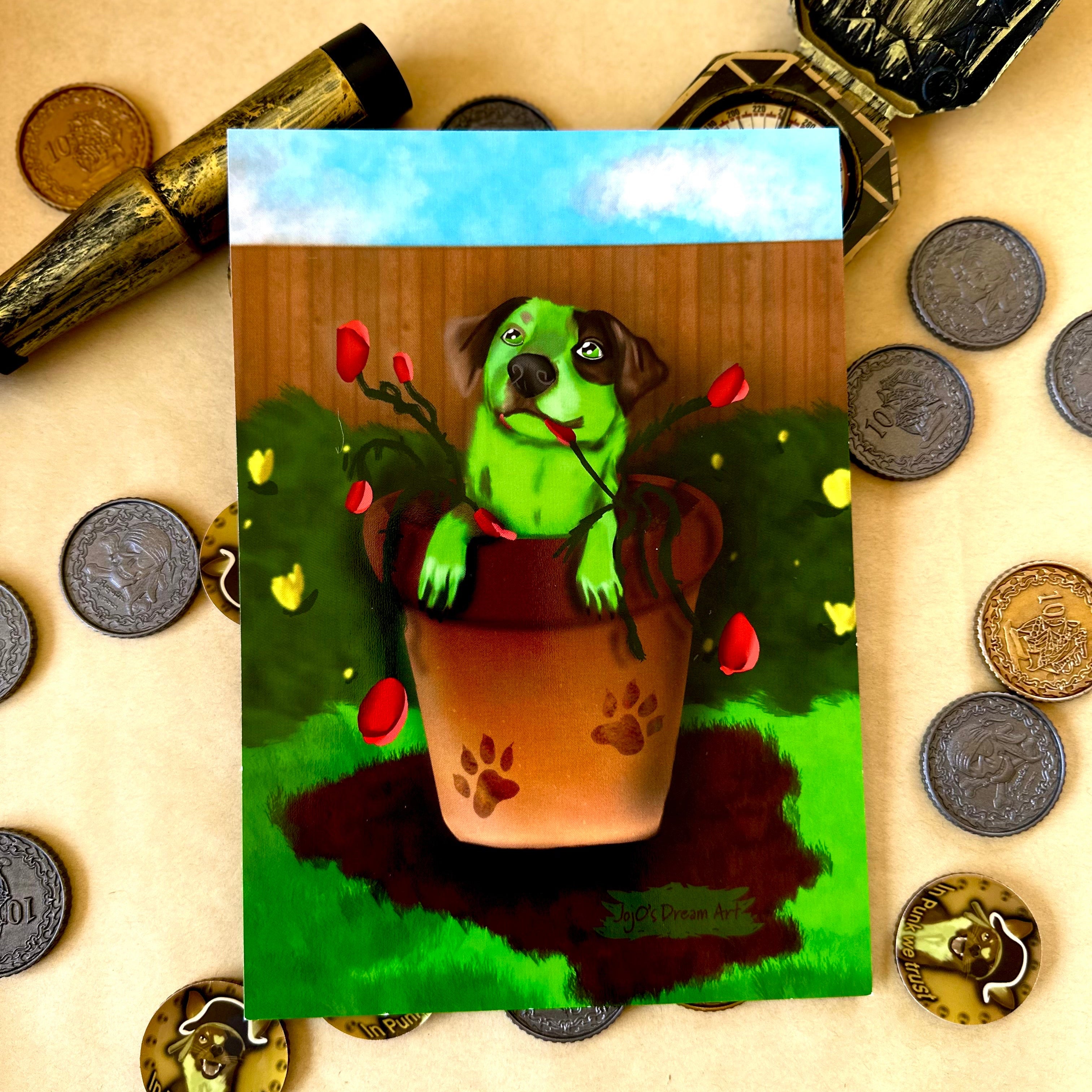 Pot Plant Flash A5 short story art print surrounded by pirate treausre