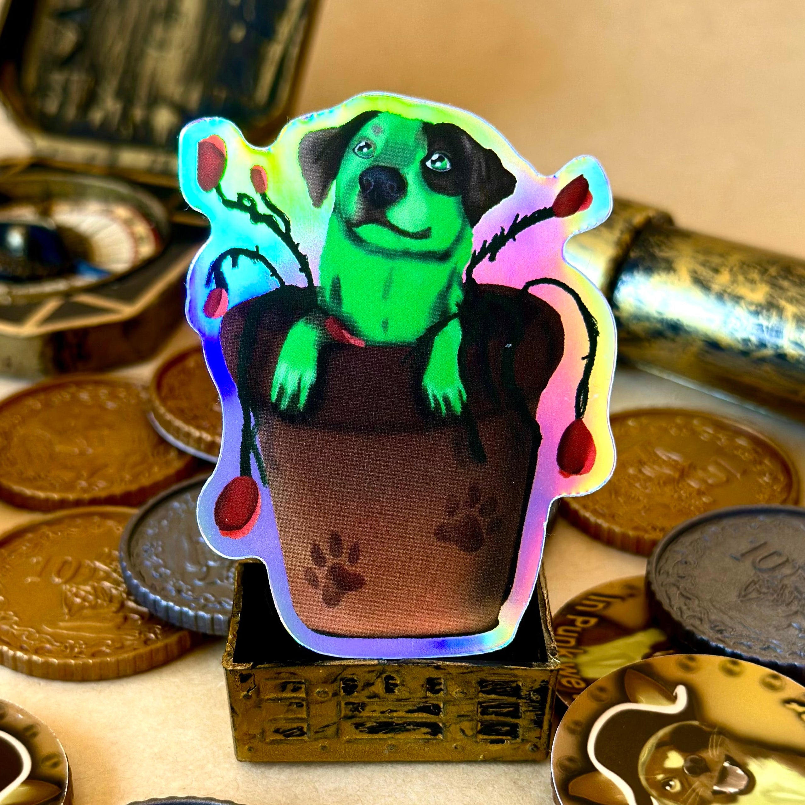 Pot Plant Flash the cattle Dog Holographic Stiker surrounded by Pirate Treasure