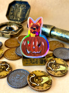 Pumpkin Punk the Fiery Chihuahua Holographic Sticker surrounded by Pirate Treasure 